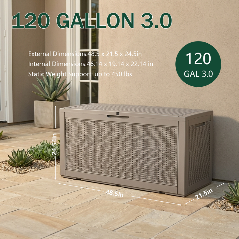 120 gallon light brown outdoor storage bench box with reinforced seat lid for patio seating