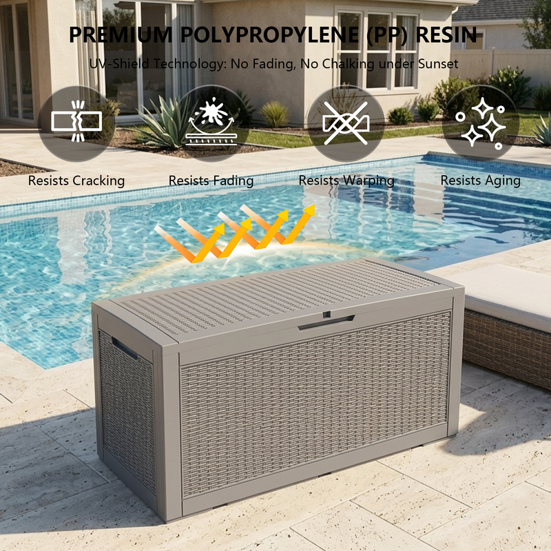 120 gallon light brown outdoor storage box dimensions with resin deck box specification details