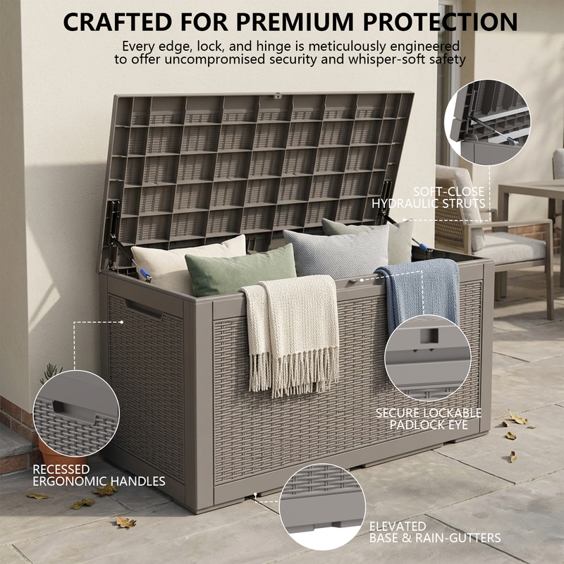 120 gallon light brown polypropylene resin deck box with UV resistant and weatherproof features