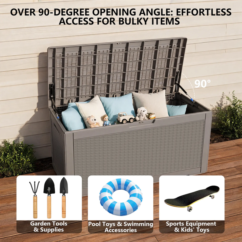 120 gallon light brown outdoor storage box with soft close hydraulic struts and lockable lid