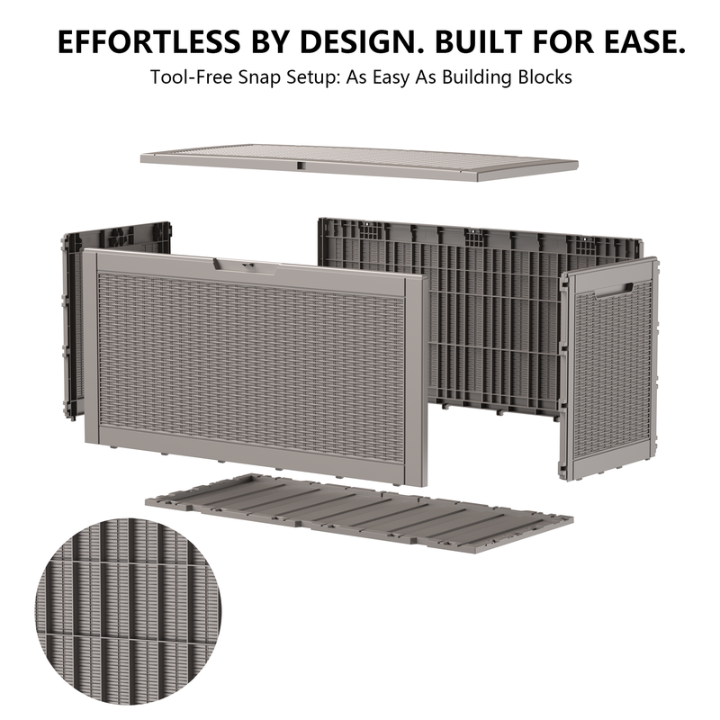 120 gallon light brown resin deck box with over 90 degree opening lid for easy access storage