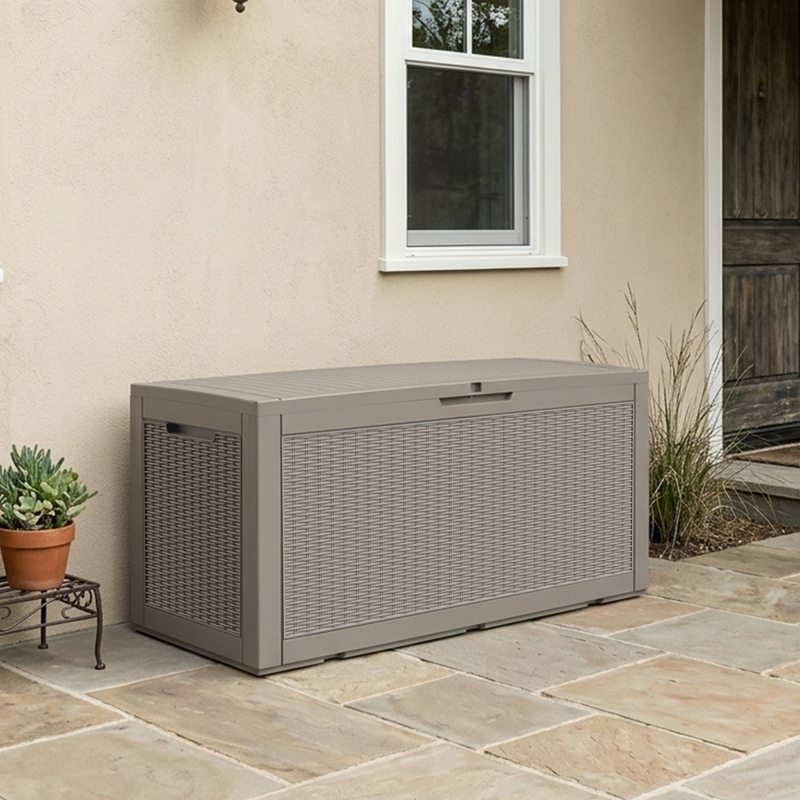 120 gallon light brown patio storage box with open lid for cushions, garden tools and outdoor items