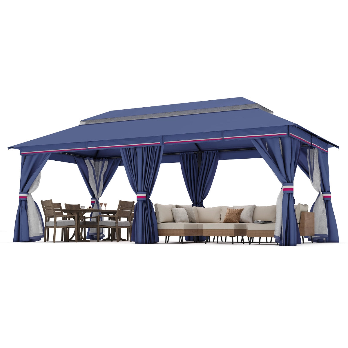 Full-length curtain detail on Roman-style patio gazebo