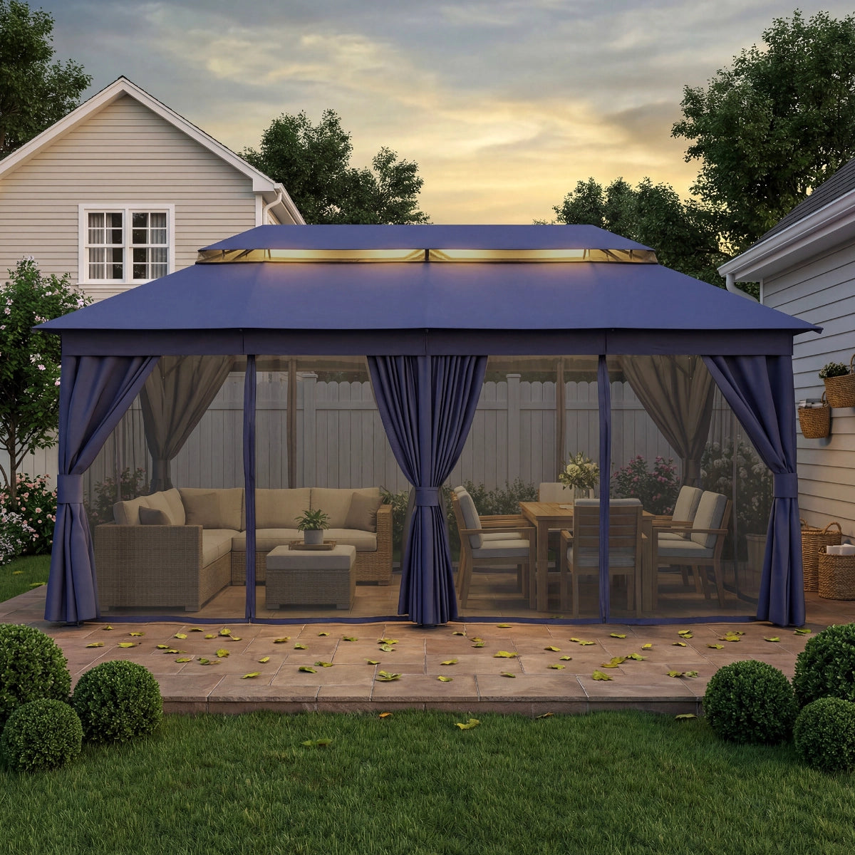 Large backyard gazebo with ventilated upper canopy