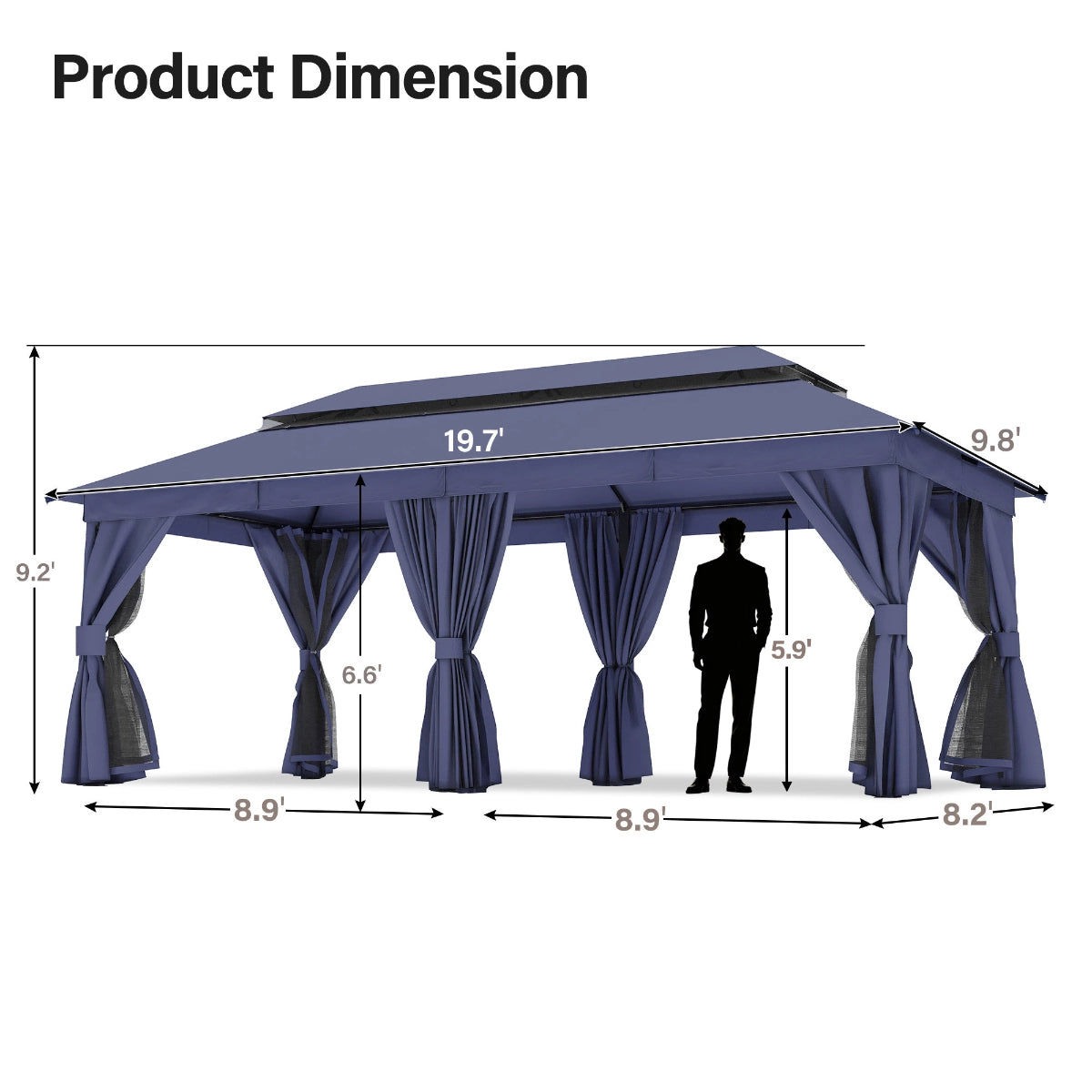 Outdoor dining gazebo with curtains tied open