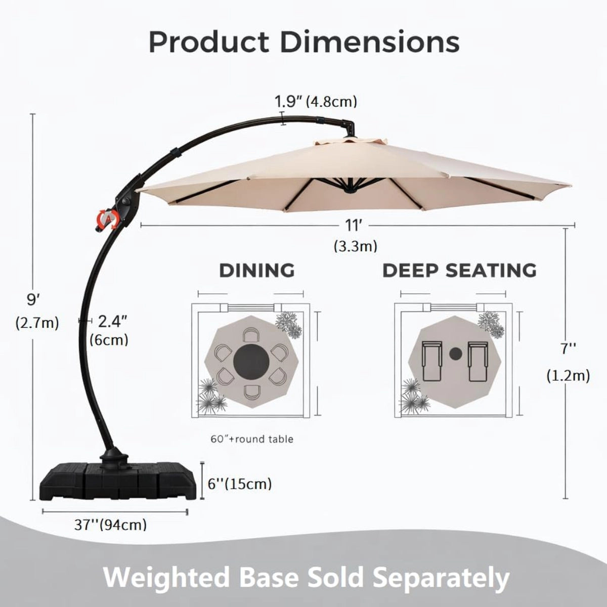 11' Aluminum Cantilever Patio Umbrella with 360° Rotation