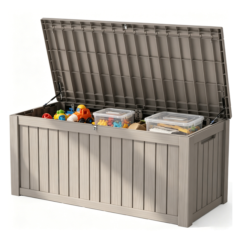 150 gallon light brown resin deck box with lid, large outdoor storage box for patio and garden