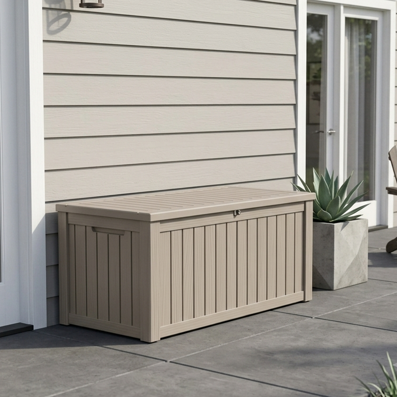 Yardgrace Outdoor Storage Box, 150 Gallon Waterproof Deck Box, Woodgrain Resin Organizer for Lounge Pillows, Steel-Supported Storage Bench, Patio & Courtyard, Black Or Light Brown