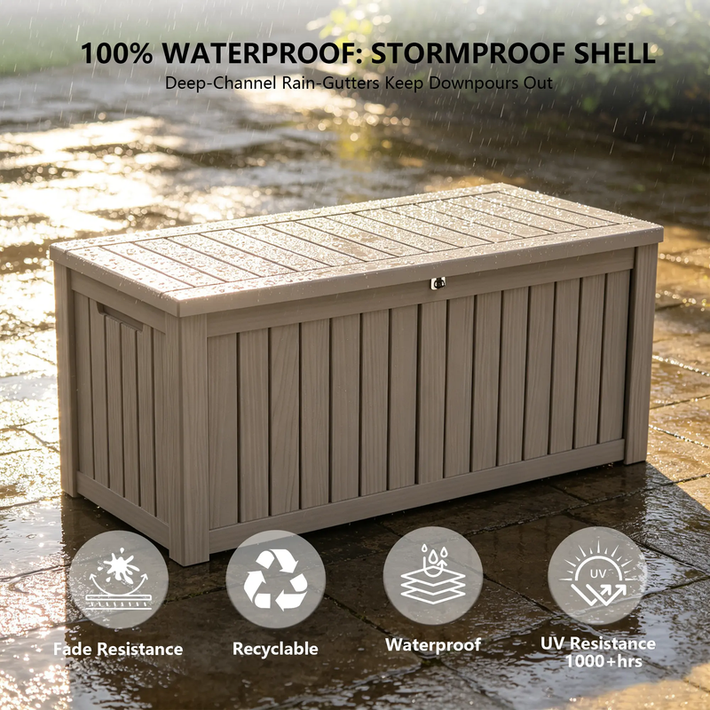 150 gallon light brown waterproof outdoor storage deck box with stormproof resin shell design