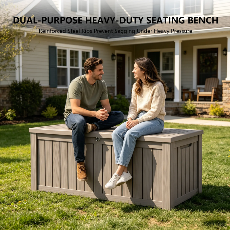 150 gallon light brown outdoor storage bench box with reinforced seat lid for patio use