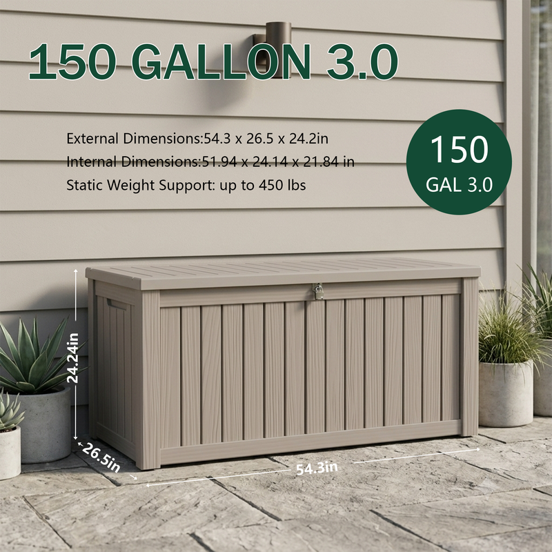 150 gallon light brown outdoor storage box dimensions with resin deck box size specification