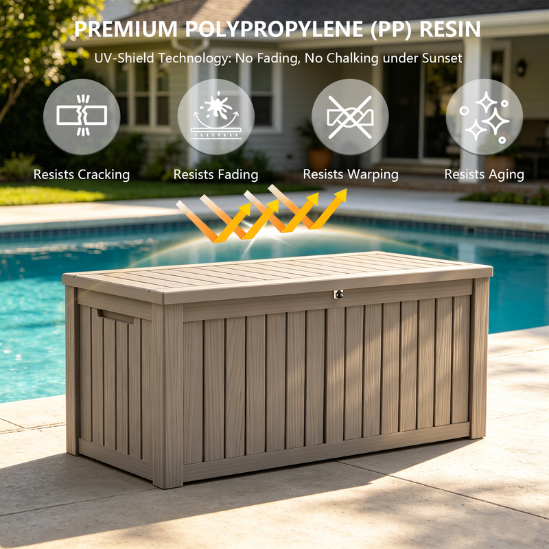 150 gallon light brown premium polypropylene resin deck box with waterproof and UV resistant features