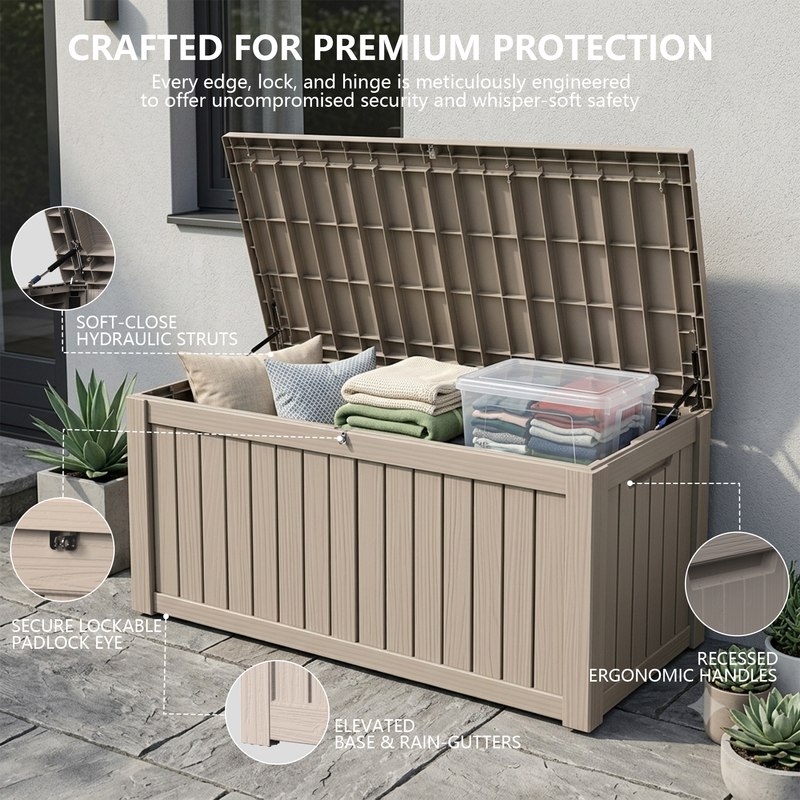 150 gallon light brown outdoor storage box with soft close hydraulic struts and lockable lid