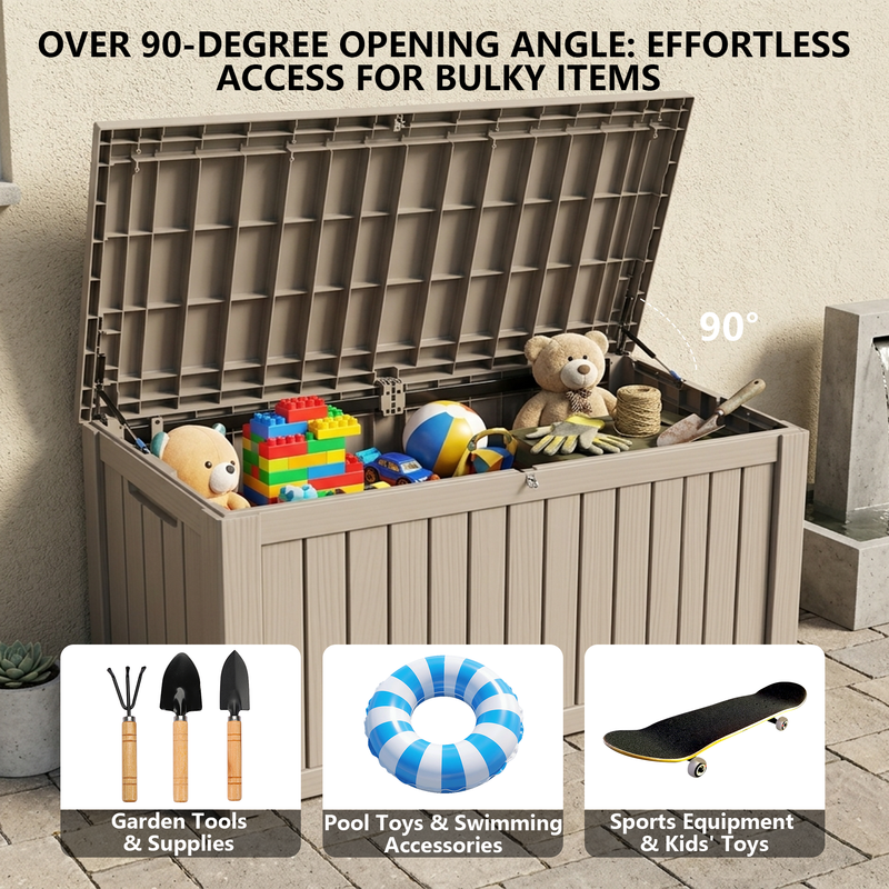150 gallon light brown deck storage box with over 90 degree opening lid for garden tools and toys