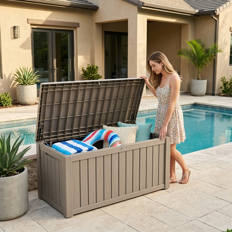 150 gallon light brown outdoor storage deck box beside pool for towels and outdoor accessories