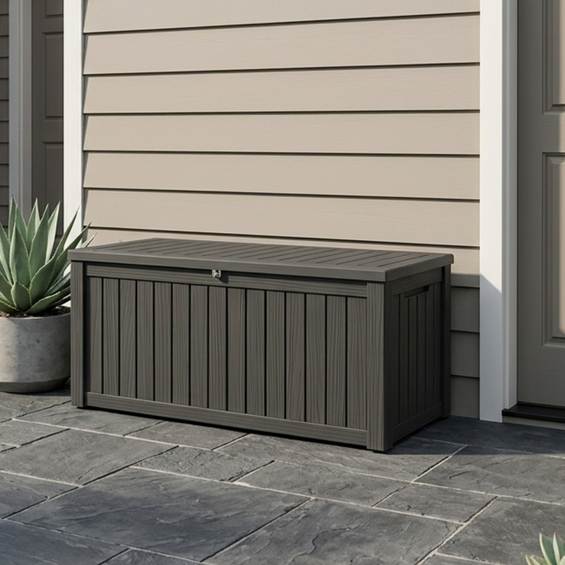 150 gallon black resin deck box with waterproof stormproof shell for outdoor storage
