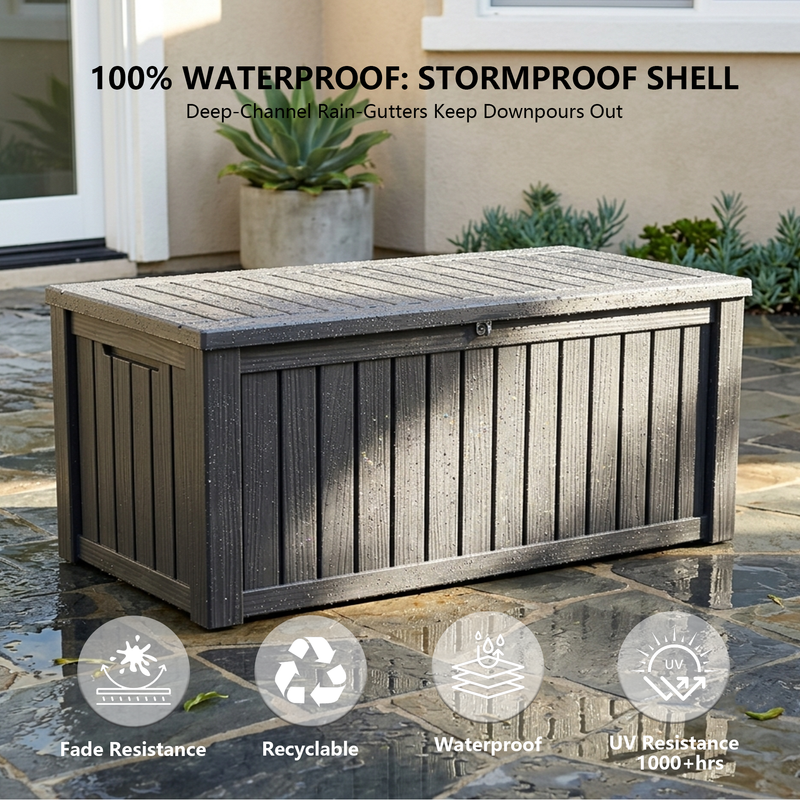 150 gallon black outdoor storage bench box with reinforced seat lid and heavy duty resin construction