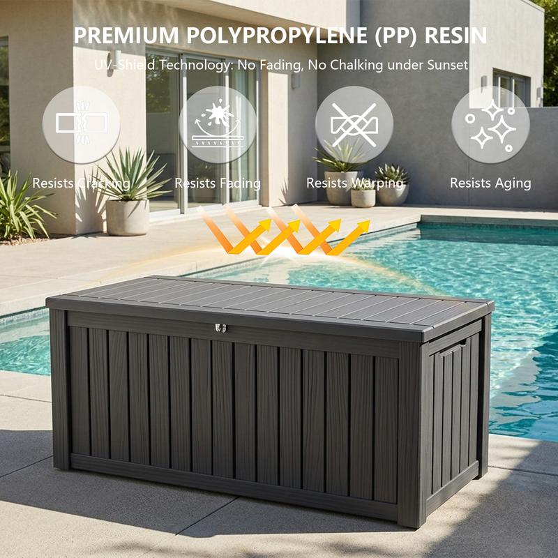 150 gallon black outdoor storage box with soft close hydraulic struts and lockable lid system