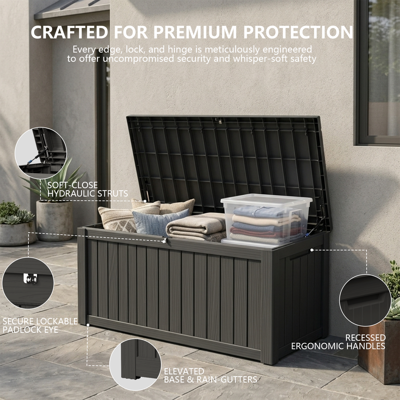 150 gallon black resin deck storage box with over 90 degree opening lid for easy access