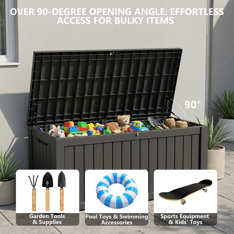 150 gallon black deck box assembly structure with modular panels and outdoor storage design