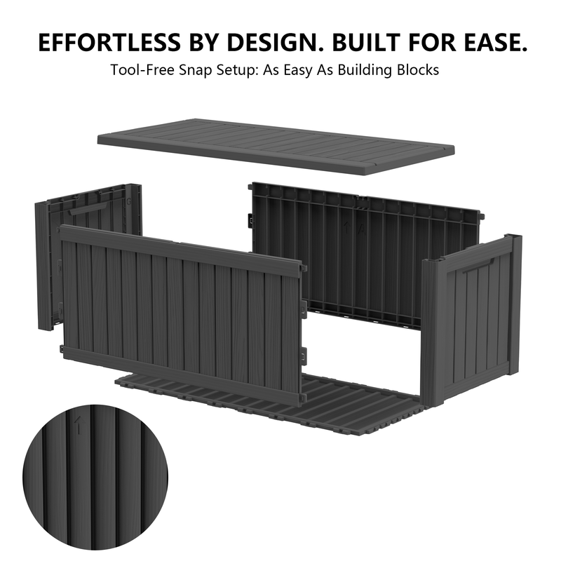 150 gallon black outdoor storage deck box beside pool for towels, cushions and garden supplies