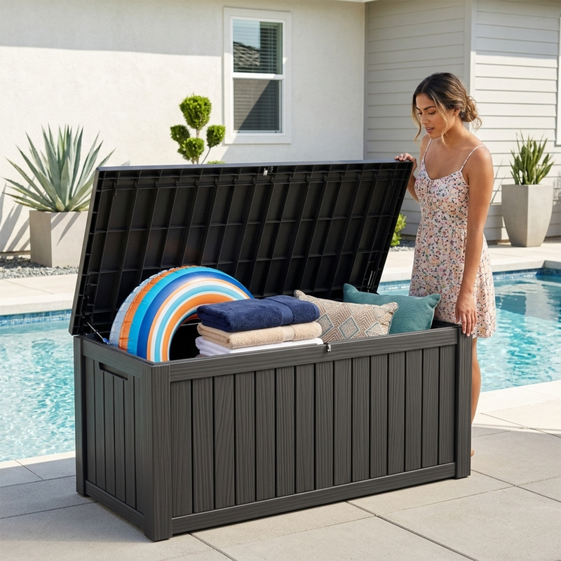150 gallon black outdoor storage deck box beside pool for towels, cushions and garden supplies