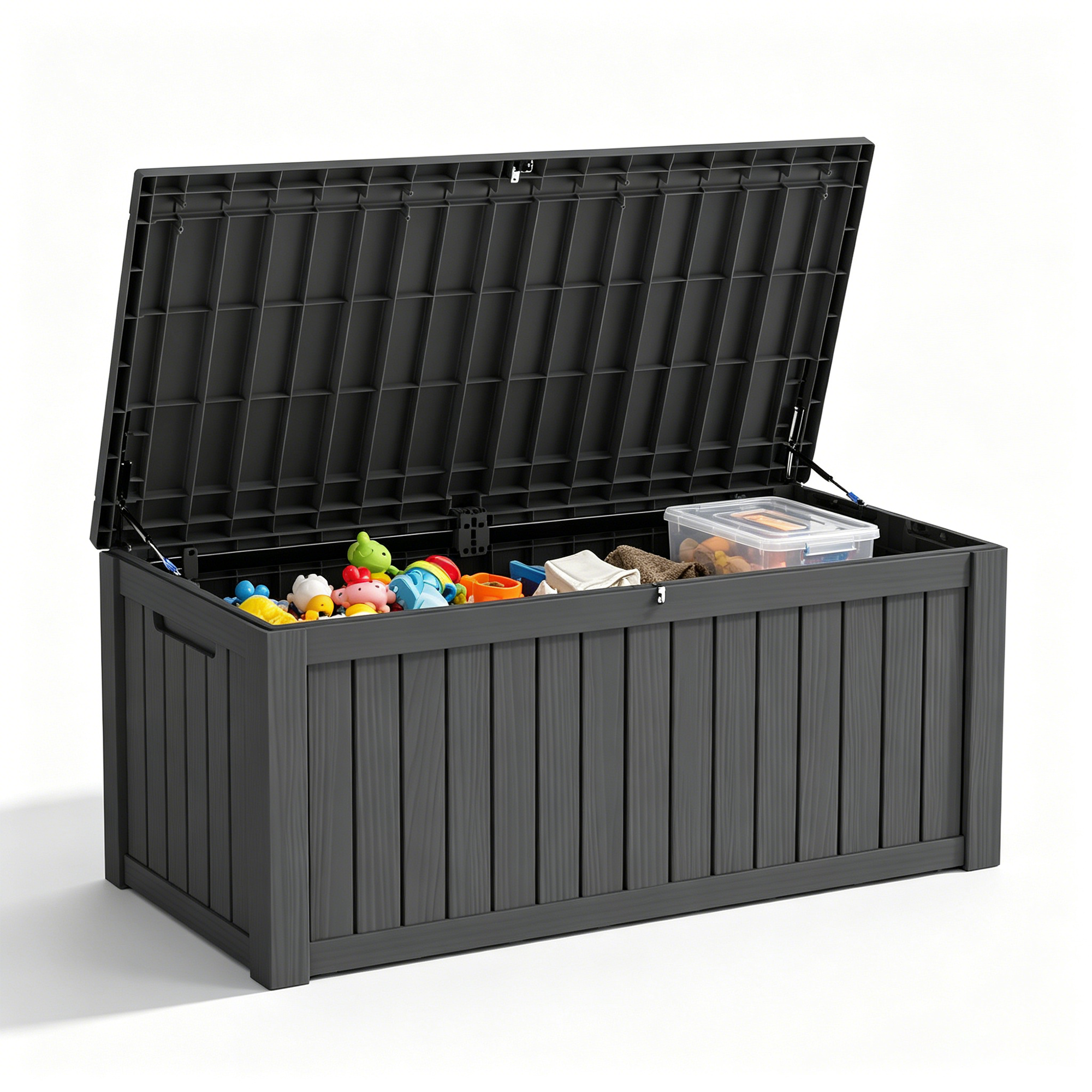 150 gallon black resin deck box with lid, large outdoor storage container for patio and backyard