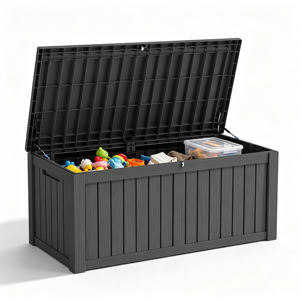 150 gallon black resin deck box with lid, large outdoor storage container for patio and backyard