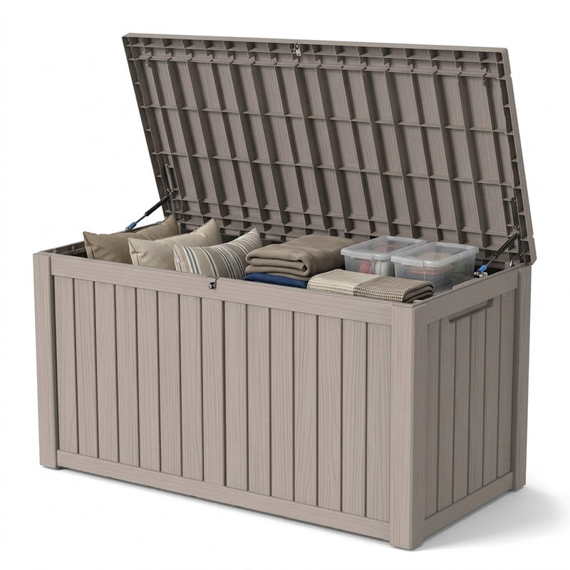 180 gallon light brown resin deck box with lid, large outdoor storage box for patio and garden