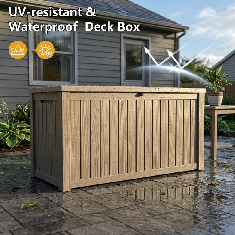 180 gallon light brown waterproof outdoor storage deck box on patio with UV resistant resin construction