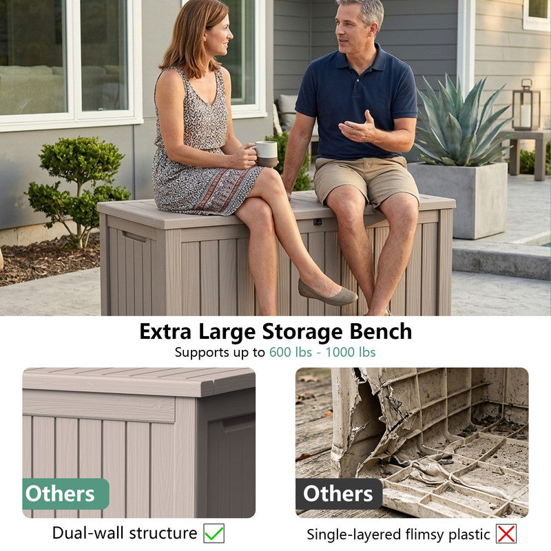 180 gallon light brown outdoor storage bench box with durable lid and reinforced double wall structure