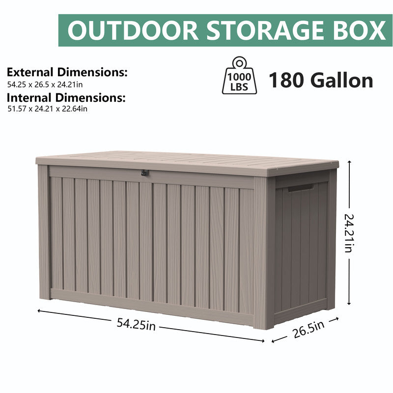 180 gallon light brown outdoor storage box dimensions with resin deck box specification details