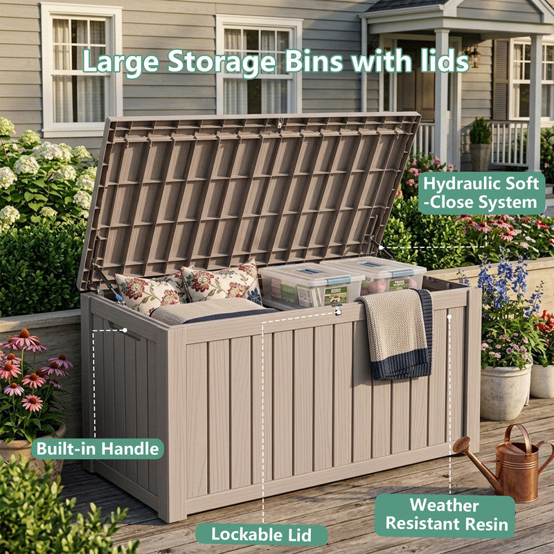 180 gallon light brown deck storage box with hydraulic soft close lid and weather resistant resin design