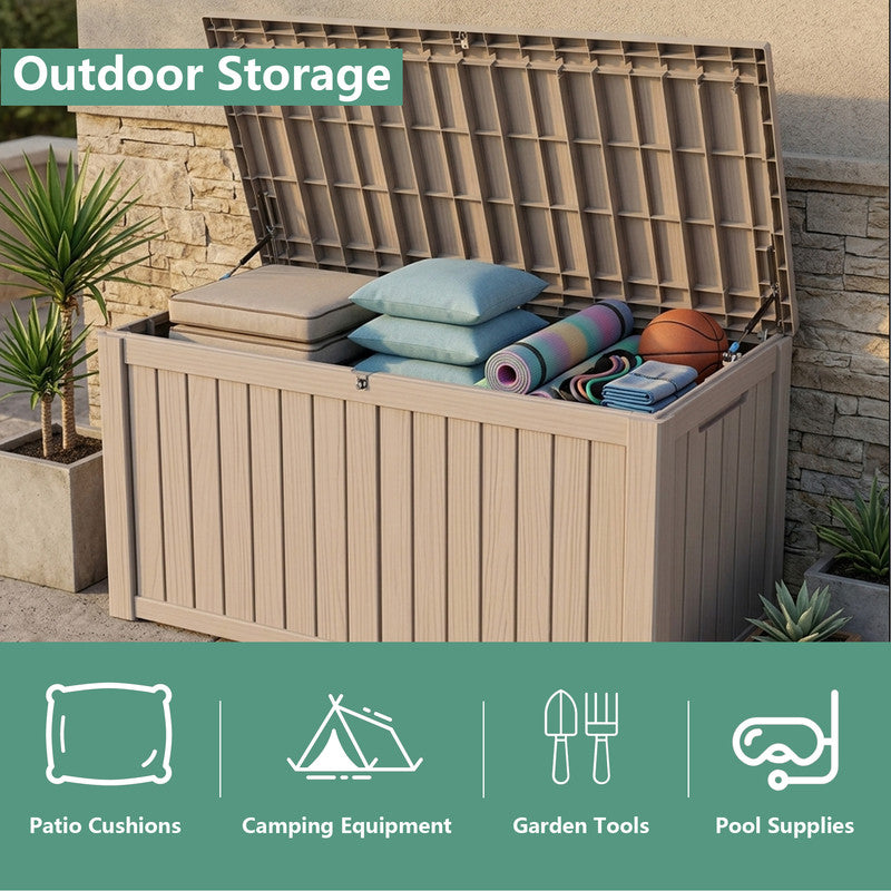 180 gallon light brown resin deck box for patio cushions, camping equipment, garden tools and pool supplies