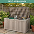 180 gallon light brown patio storage box with open lid for garden tools and outdoor equipment organization