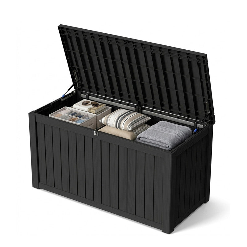 Yardgrace 150 gallon resin deck box in light black with waterproof outdoor storage design