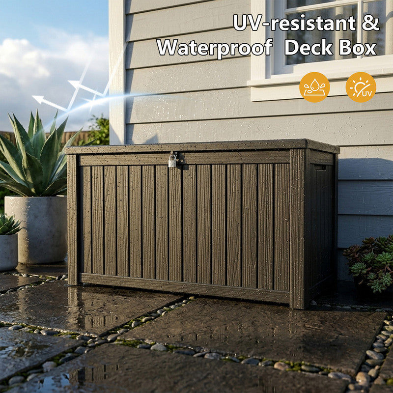 Large 150 gallon resin deck box placed on patio for outdoor storage organization