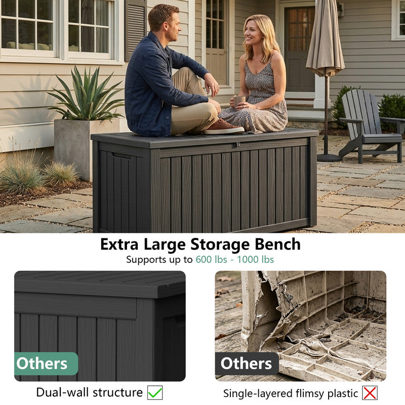 150 gallon outdoor deck box showing spacious storage capacity for cushions and garden items