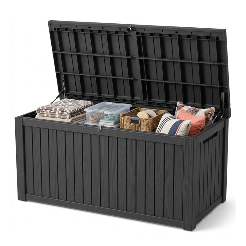 230 gallon black outdoor storage box with lid, large resin deck box for patio and garden storage