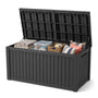 230 gallon black outdoor storage box with lid, large resin deck box for patio and garden storage