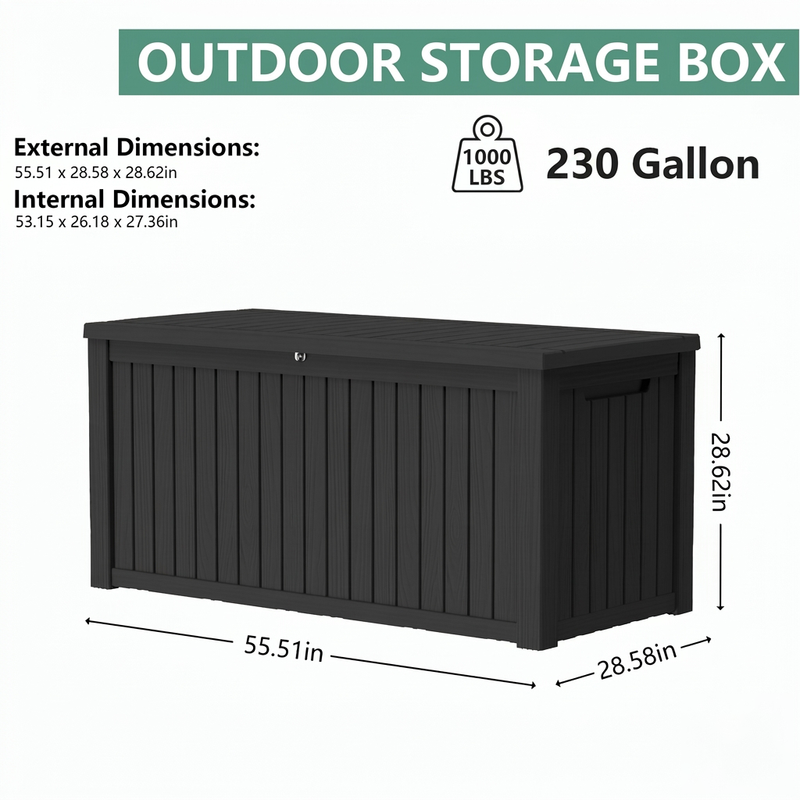 230 gallon black outdoor storage deck box dimensions with resin storage container specifications