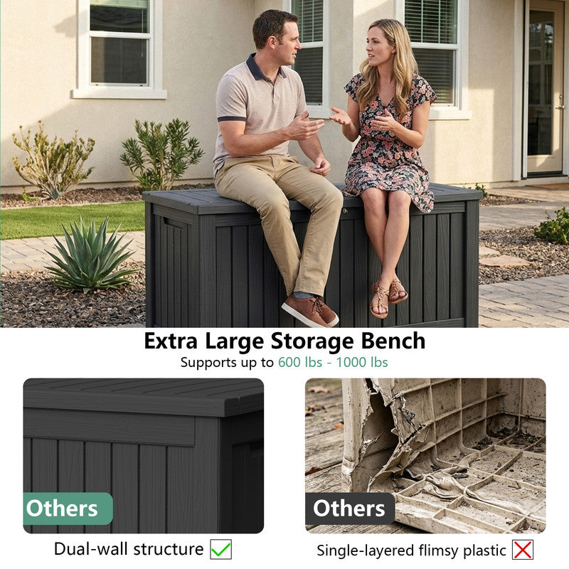 large 230 gallon black deck storage box used as outdoor bench with durable lid
