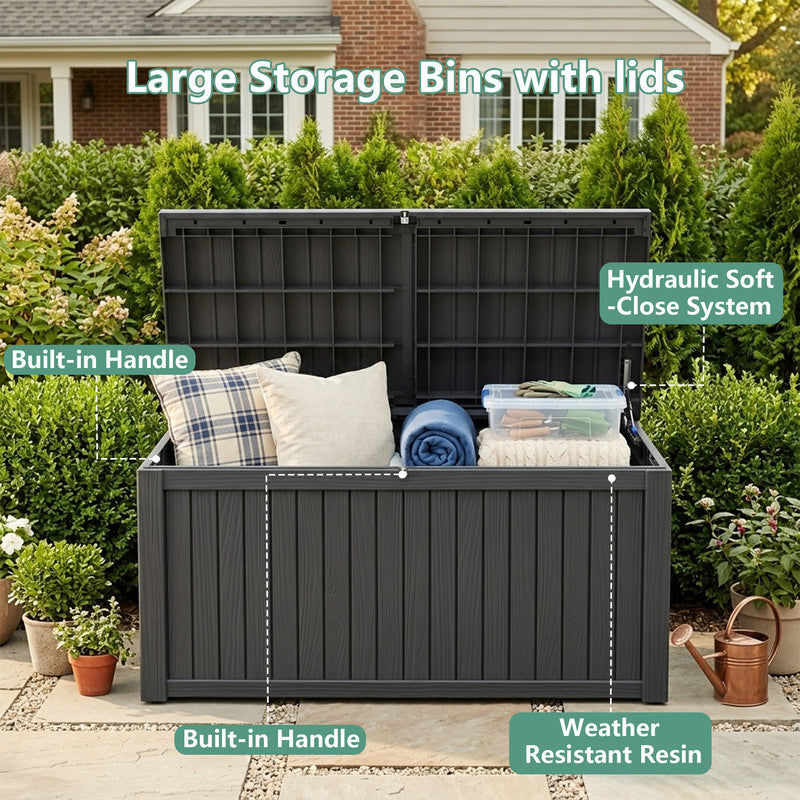 230 gallon black outdoor storage box with open lid for cushions, tools and outdoor accessories