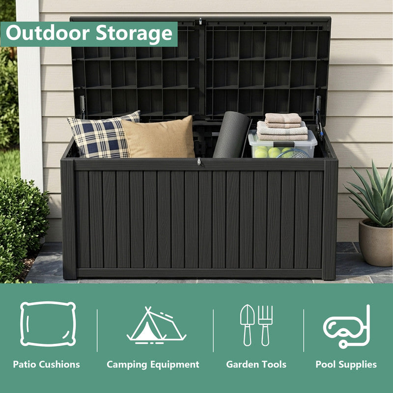 230 gallon black patio storage box for camping equipment, garden tools and pool accessories