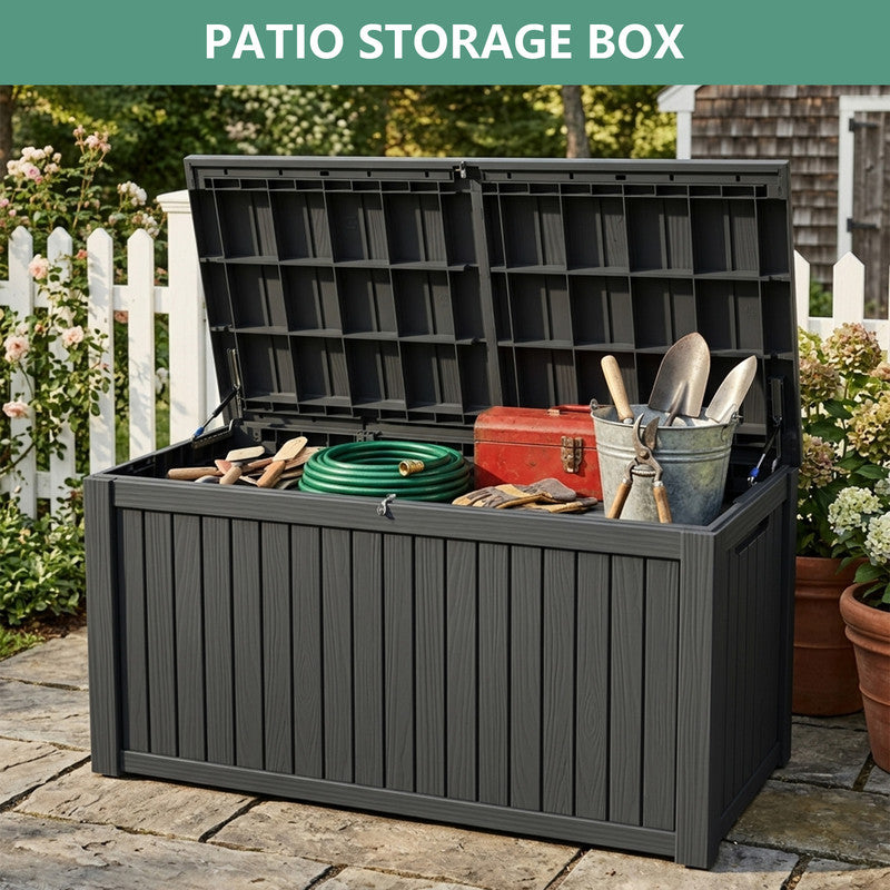 230 gallon black outdoor storage box for patio, garden and deck organization