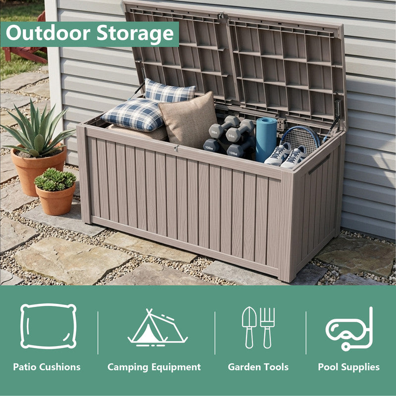 large capacity 230 gallon outdoor storage box interior for garden tools, toys and cushions