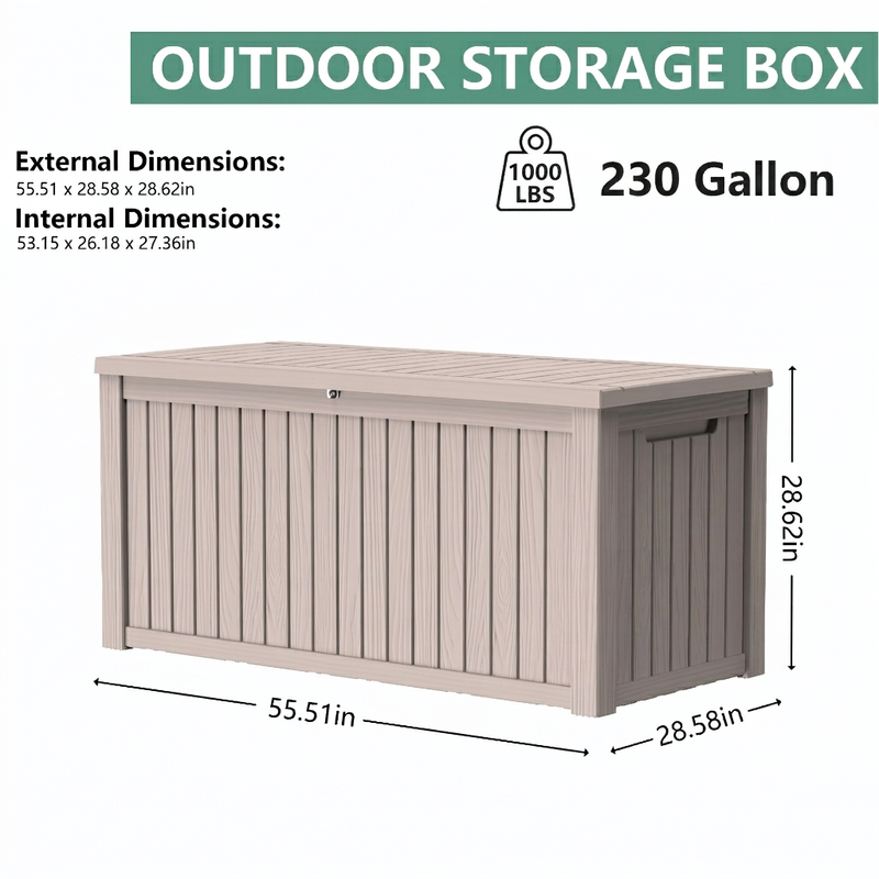 230 gallon outdoor storage box dimensions with light brown resin deck box specification