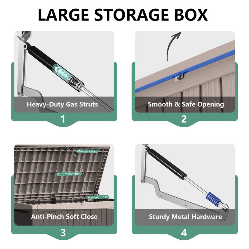 230 gallon resin outdoor storage box with soft close lid, hydraulic hinge and durable hardware