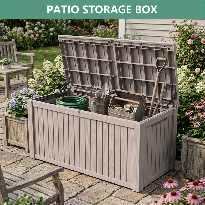 230 gallon light brown outdoor storage container with open lid for cushions, tools and patio accessories