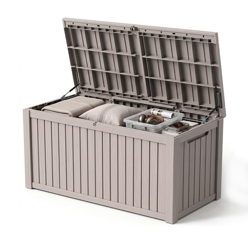 230 gallon light brown outdoor storage box with lid, large resin deck box for patio and garden storage
